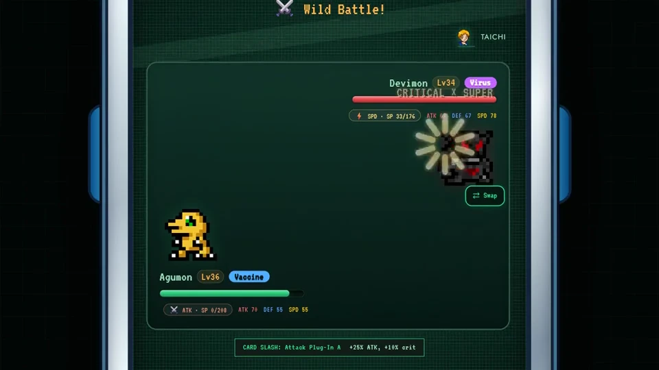 Agumon and Devimon facing off inside Digilike’s digital device interface