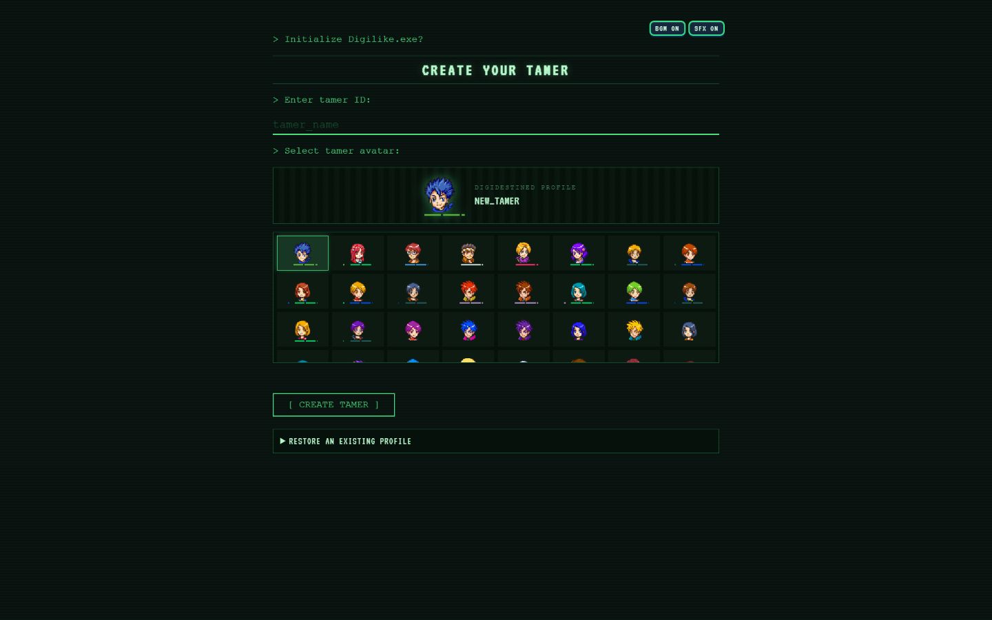 Digilike terminal interface for creating a tamer and choosing from a grid of pixel-art avatars