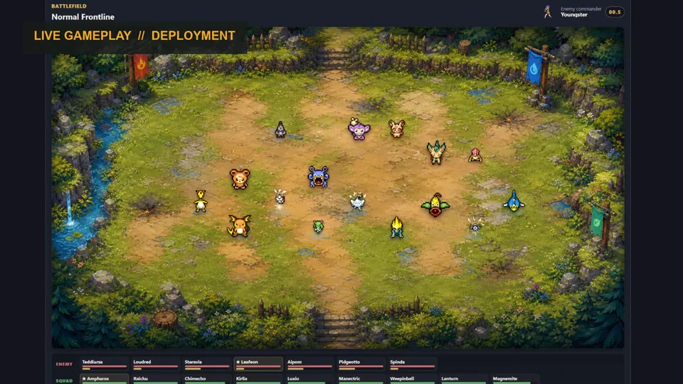 Opposing Pokémon squads fighting on a forest battlefield in PokeWar Tactics