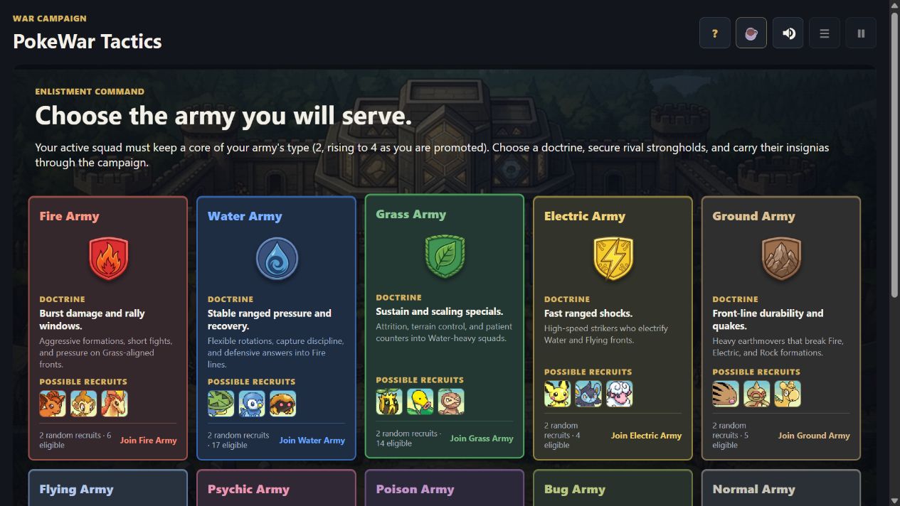 PokeWar Tactics enlistment screen showing ten elemental armies, doctrines, and possible recruits