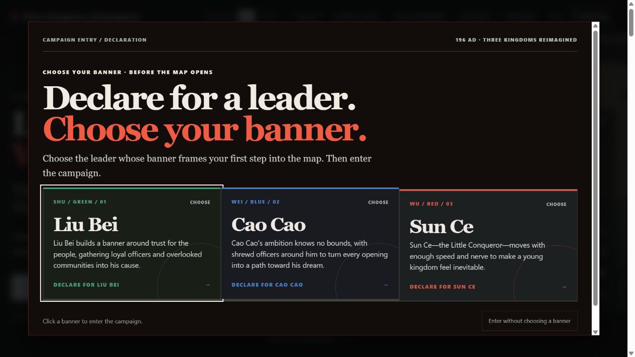 Three Kingdoms Reimagined campaign entry screen asking the player to choose Liu Bei, Cao Cao, or Sun Ce